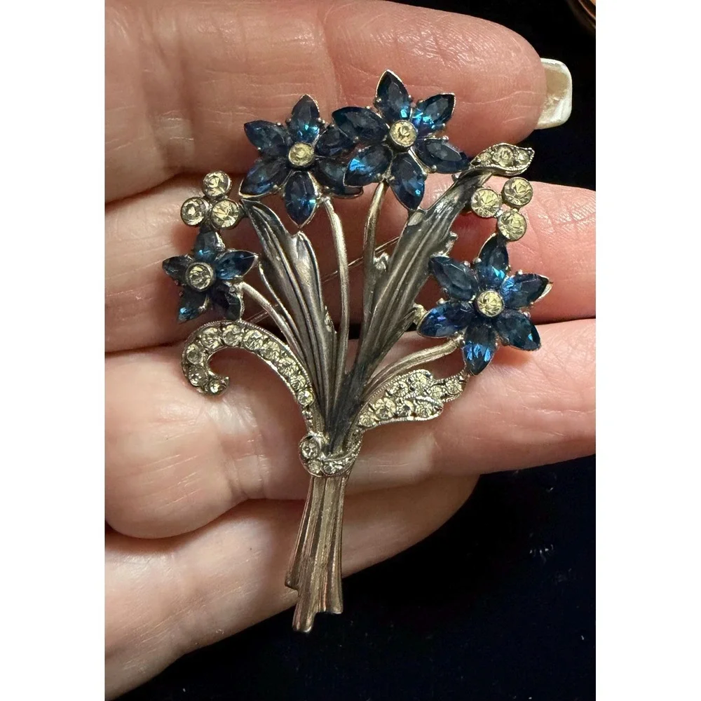 Art Deco Otis Sterling Silver & Crystal Stone Floral Brooch - Picture 5 of 5